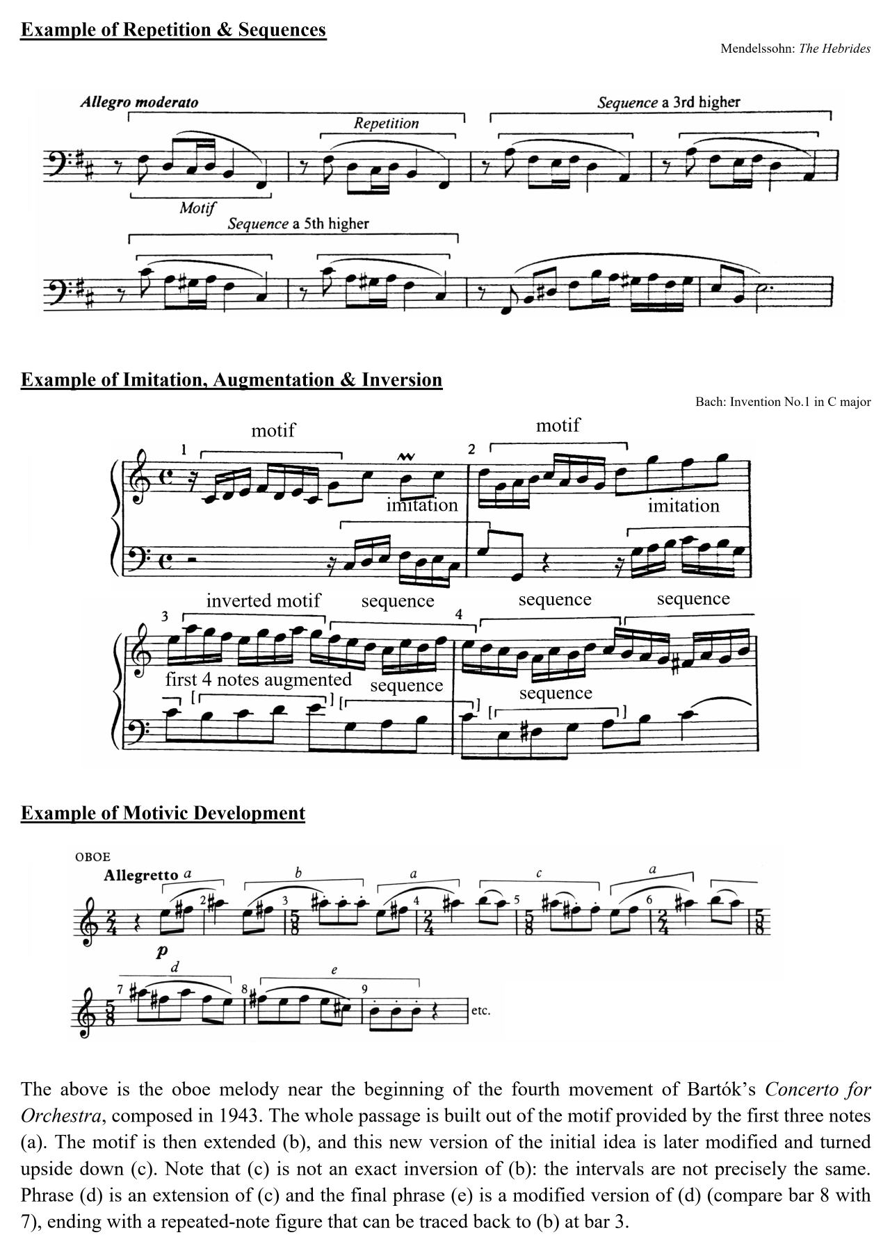 Annotated sheet music demonstrating repetition, sequence, imitation, augmentation, and motivic development in classical music composition examples